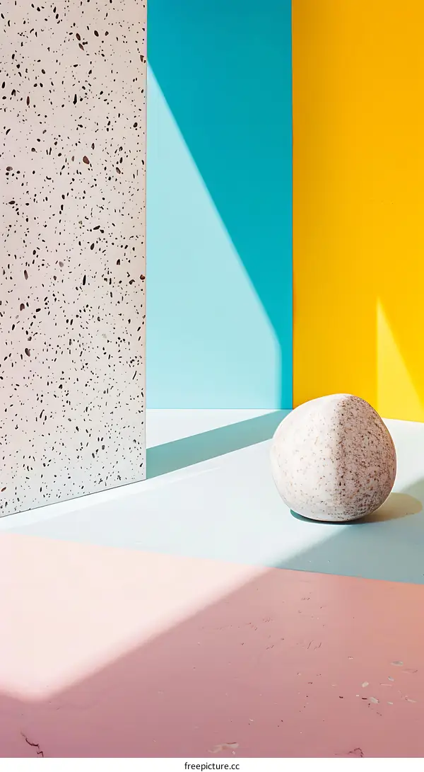 Abstract Minimalist Composition with Colorful Walls and a White Rock
