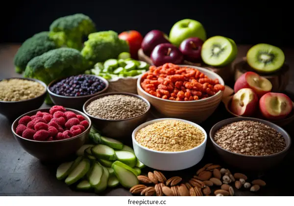 A variety of healthy food including fruits, vegetables, and grains