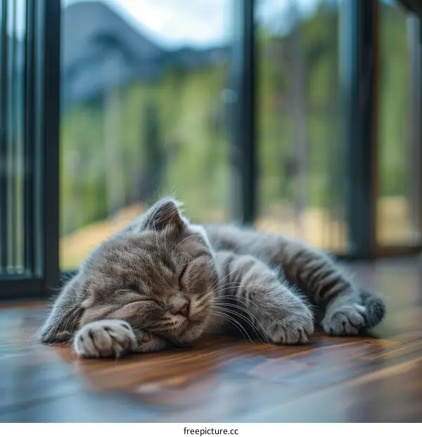 A cute gray kitten is sleeping on the wooden floor in the living room