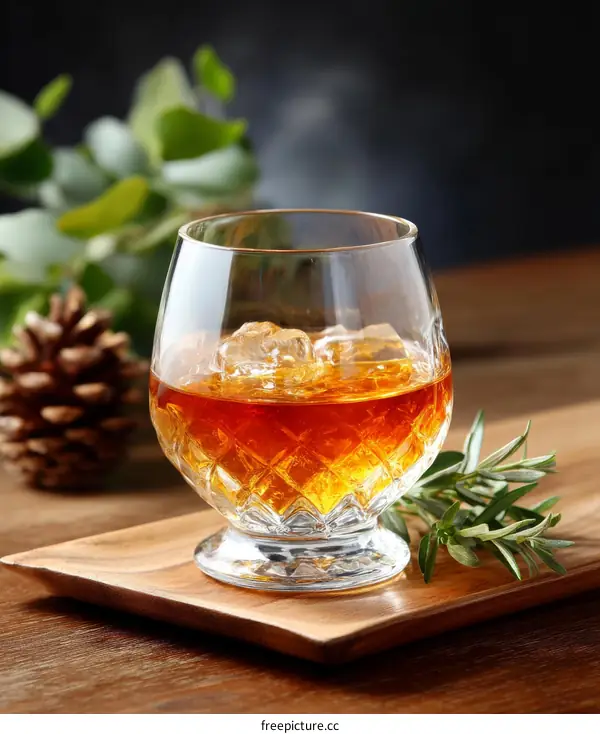 Elegant Crystal Whiskey Glass with Ice and Aromatic Herbs