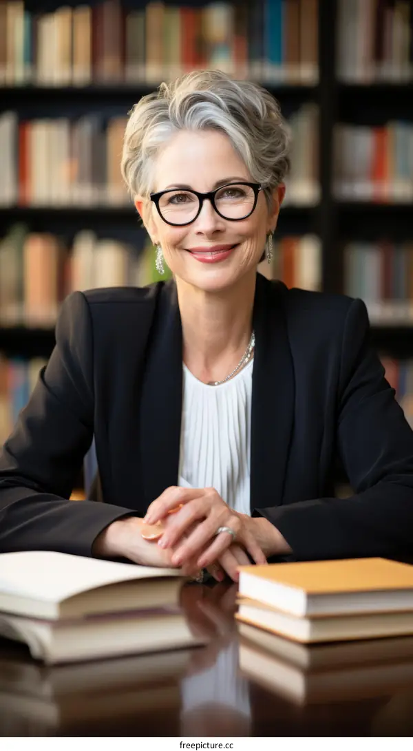 portrait of a middle aged woman sitting at a desk in a library