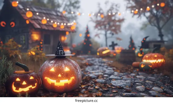 Spooky Halloween night with pumpkins and a witch hat in a creepy forest