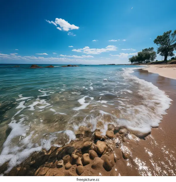 Beach with rocks and blue sky
