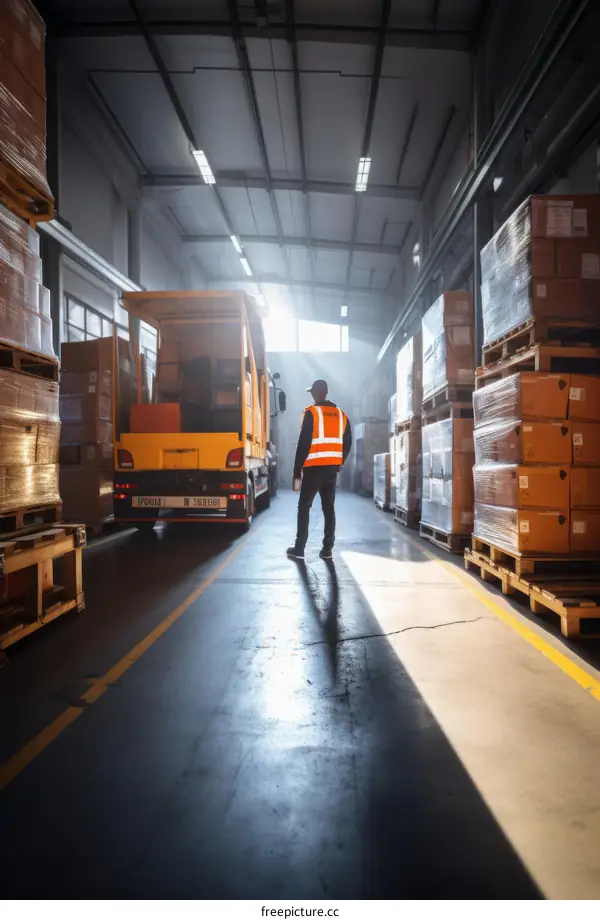 A worker in a warehouse looking at a delivery truck