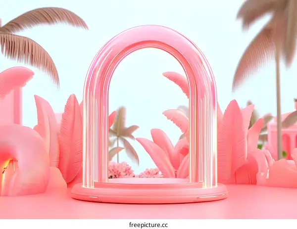 Pink Archway with Tropical Leaves in a Dreamy Setting