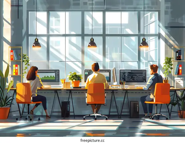 Three people working in an office