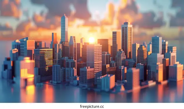 A 3D Rendering of a City with Skyscrapers and the Sunrise in the Background