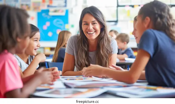 Happy teacher talking with a group of students in a classroom