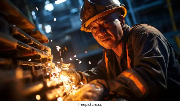 Industrial worker welding metal in factory