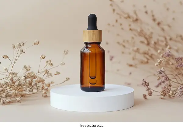 Amber Glass Dropper Bottle with Dried Flowers on Display