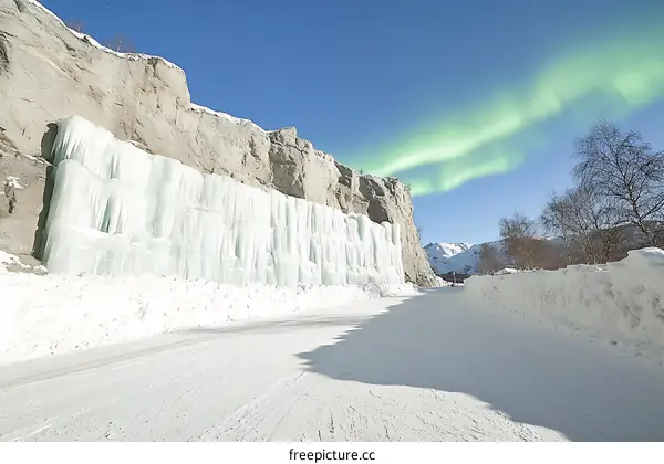 Frozen Waterfall with Aurora Borealis