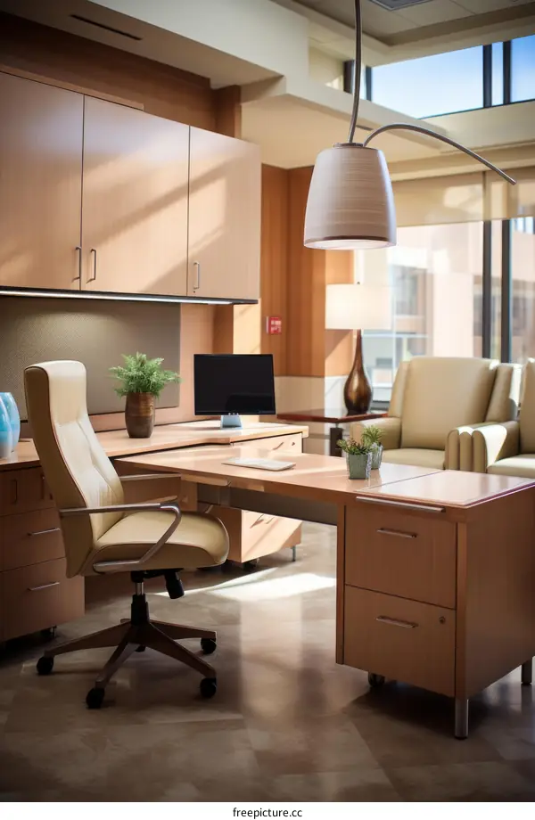 Modern office with a large desk, comfortable chair, and stylish lamp