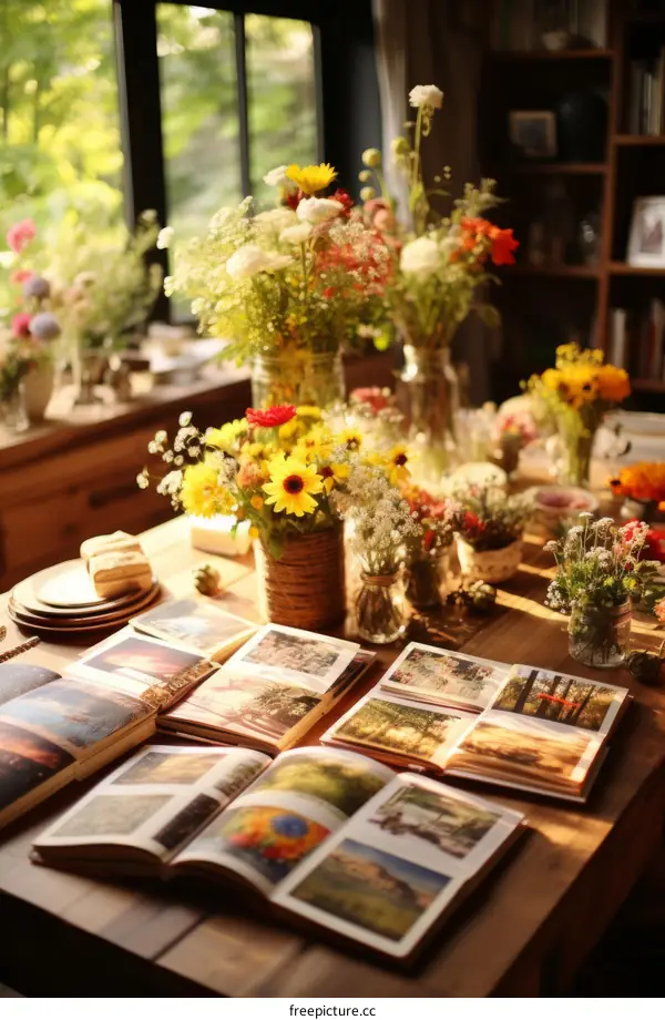 Beautiful Bouquet of Fresh Flowers Arranged on a Wooden Table