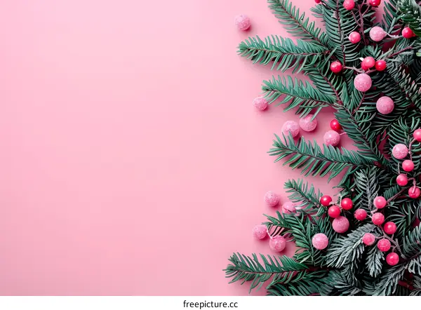 Pink Background With Green Pine Branches And Pink Ornaments