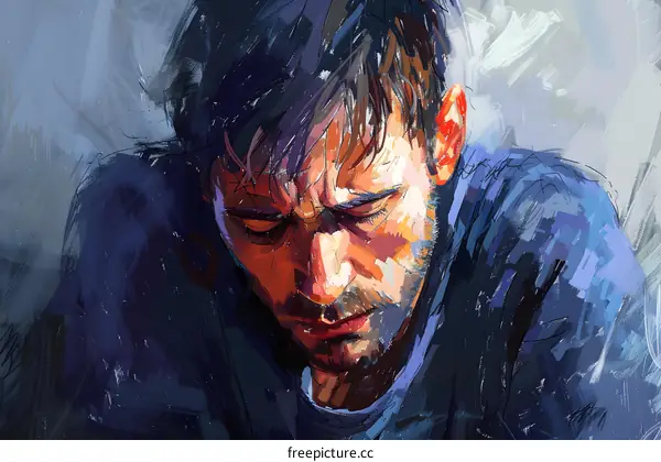 Portrait of a man with dark hair and a beard looking down with a sad expression