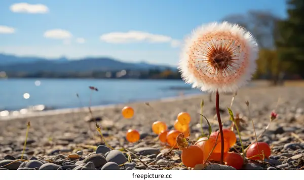 Close-up of dandelion flower with blurred background of lake in mountains