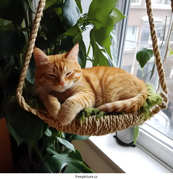 Orange Tabby Cat Sleeping in a Hanging Bed