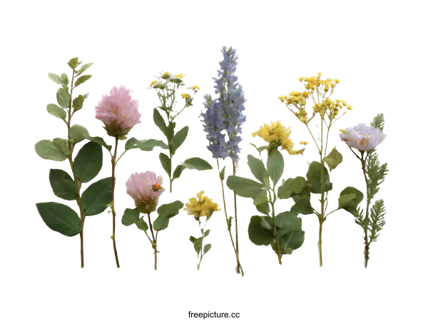[Transparent Background PNG]Arrangement of Pressed Flowers and Plants on White Background
