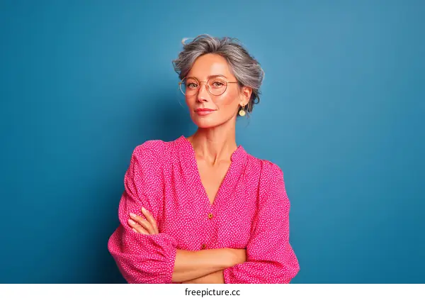 Stylish Woman in a Pink Blouse Against a Blue Background