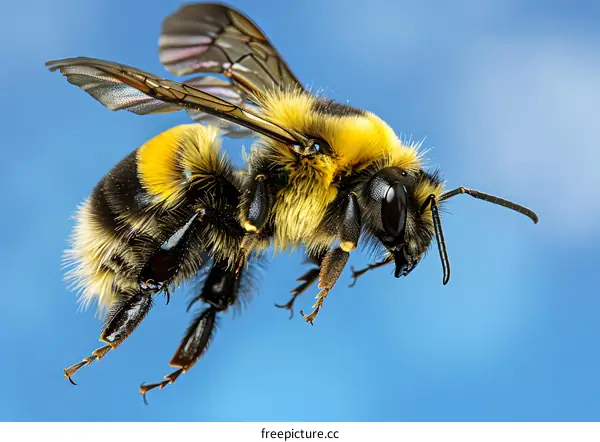 Bumblebee in Flight Against Blue Sky