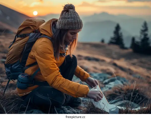 Young woman hiking in the mountains at sunset