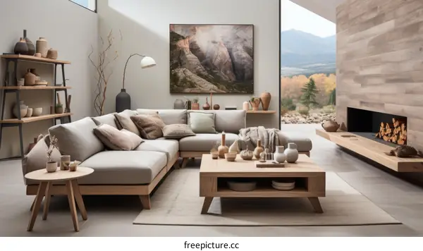 Modern living room interior with large sectional sofa, fireplace and panoramic mountain views