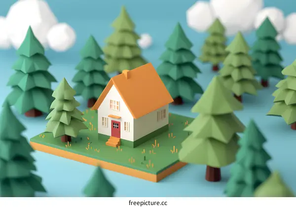 Low Poly House in the Forest with Clouds