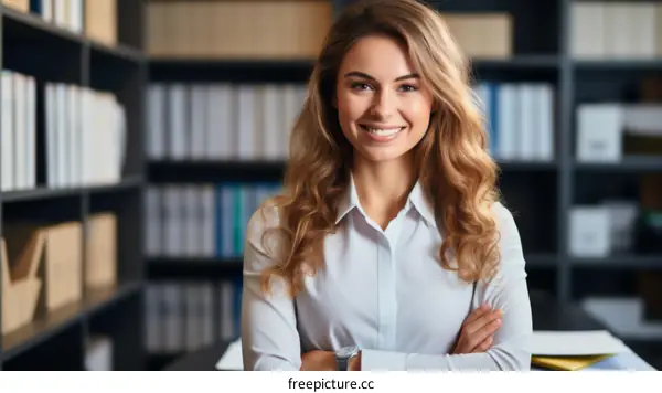 Portrait of a smiling young businesswoman standing in a library with bookshelves in the background