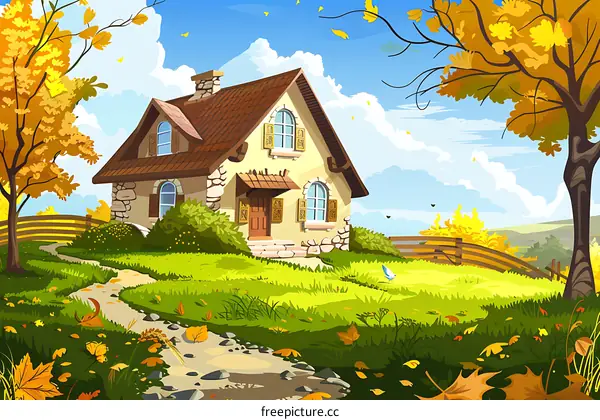 Autumn Landscape with a Stone Cottage and a Path