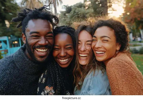 Four Friends Laughing Outdoors