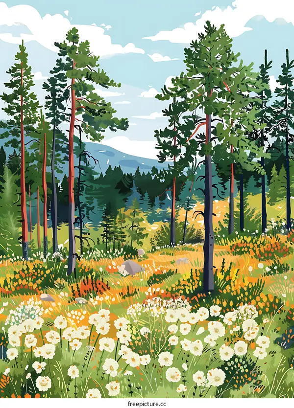 Forest Meadow Landscape Painting with Pine Trees and Flowers