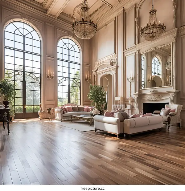 Ornate living room with hardwood floors and large windows