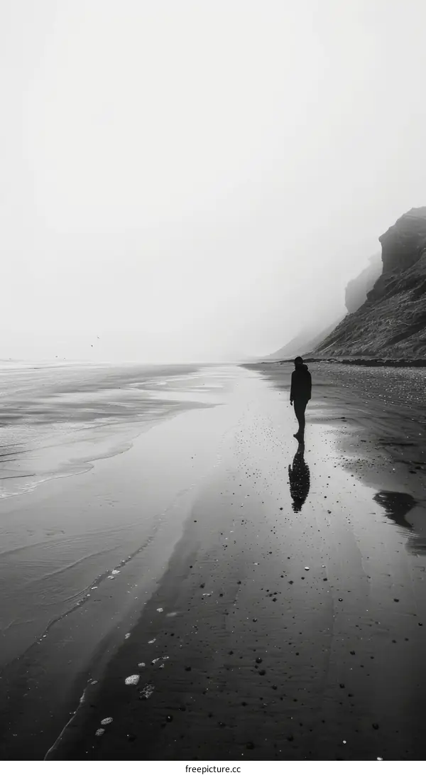 Black and white photo of a person walking alone on a beach with large rock formations in the background