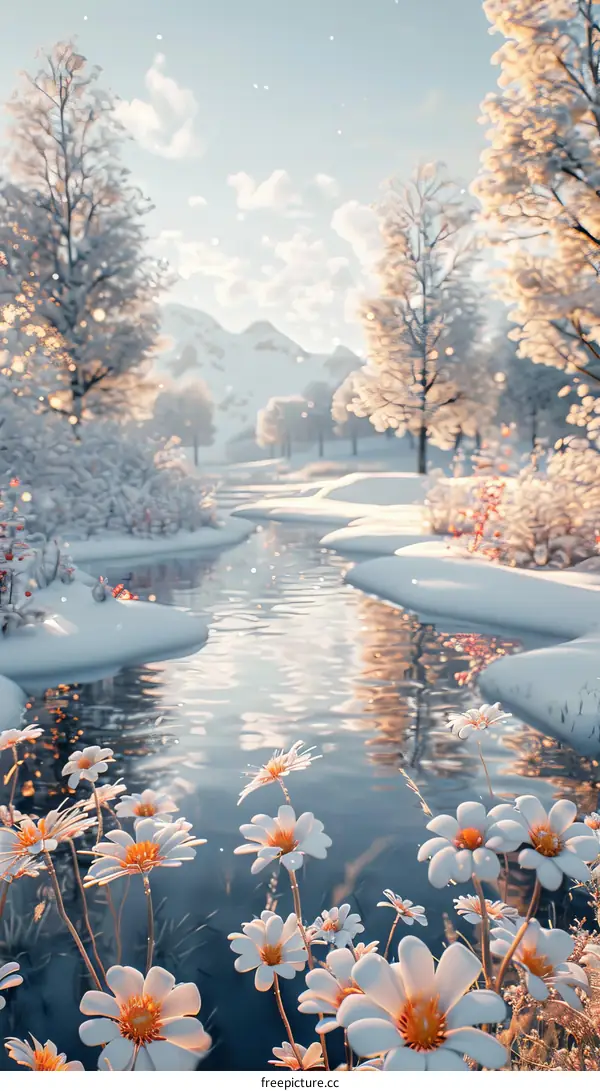 Winter Idyll Resplendent with Flowers That Bloom by the Riverside
