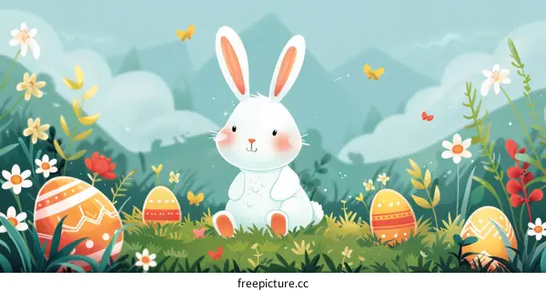 Easter bunny in a field of flowers and Easter eggs