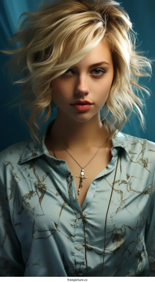 Portrait of a blonde woman with blue eyes wearing a blue shirt