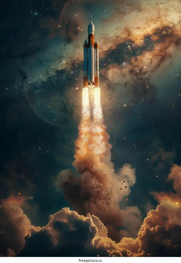 Rocket Ascends in Space with Glittering Starry Backdrop