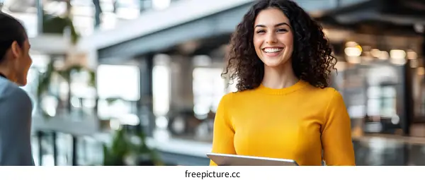 Smiling Businesswoman With Curly Hair Holding Tablet
