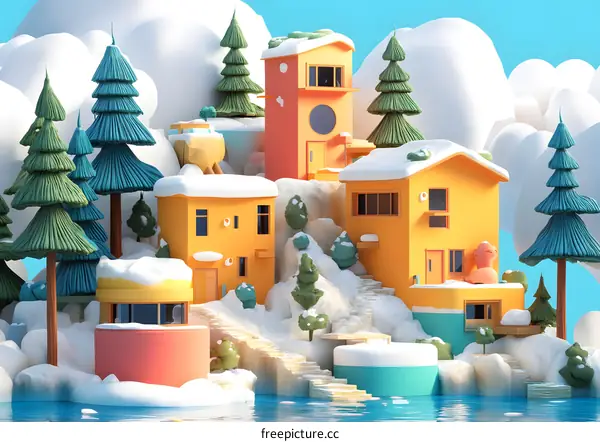 Winter Village Illustration with Snow and Colorful Houses