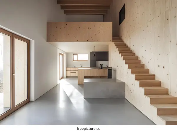 Modern Minimalist Home Interior Design with Wooden Stairs and Kitchen