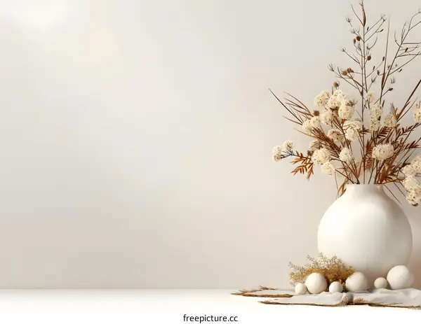 White Vase With Dried Flowers And Ornamental Balls On A White Table