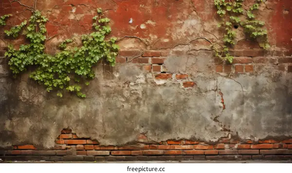 weathered brick wall with green plants growing on it