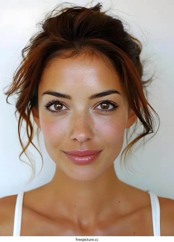 portrait of a young woman with freckles and brown hair