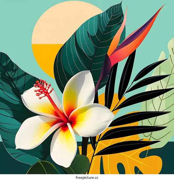 Tropical Floral Design with Sun and Leaves