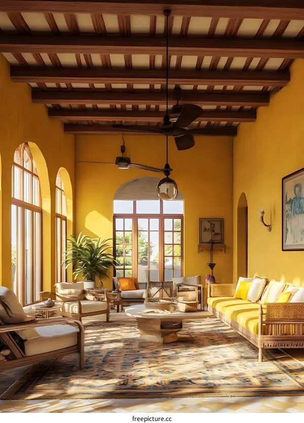 Yellow Room Interior Design with Wooden Beams and Ceiling Fan