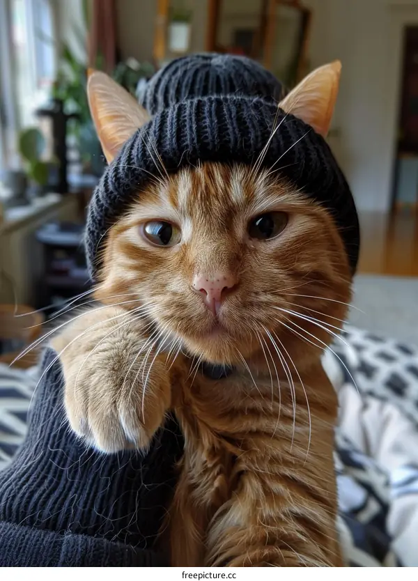 Cute Ginger Cat Wearing a Black Beanie