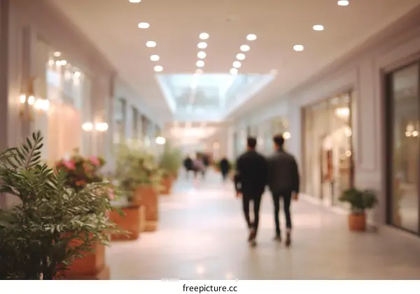 Blurred Shopping Mall Corridor with People Walking