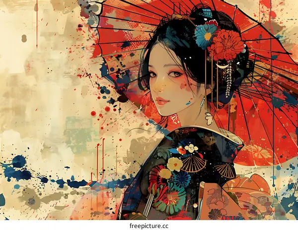 Woman in Kimono Holding a Red Umbrella