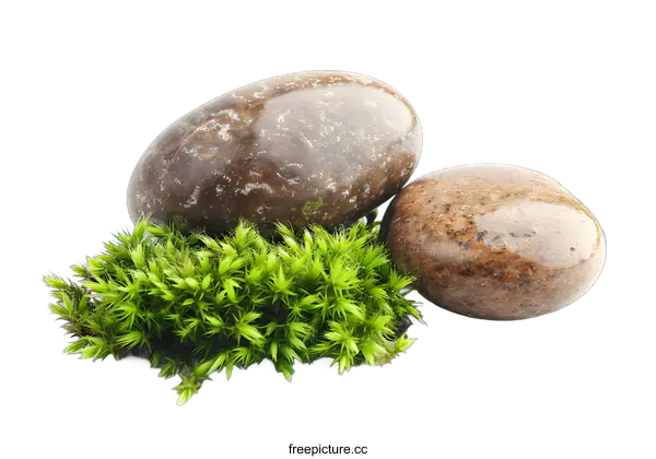 [Transparent Background PNG]Green Moss and Two Smooth Stones on White Background