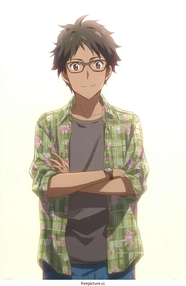 Anime Character with Glasses and Floral Shirt